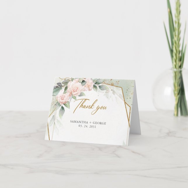 Carte De Remerciements Fleurs roses et eucalyptus et cadre doré (Devant)