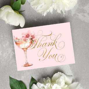 Carte De Remerciements Fleurs roses et or et bridal shower au Prosecco