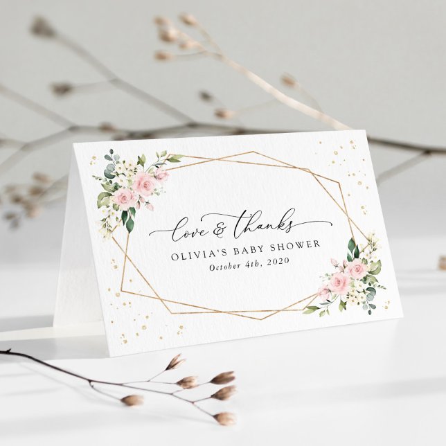 Carte De Remerciements Fleurs roses, Fleurs blanches, Verdure, Baby showe (Créateur téléchargé)
