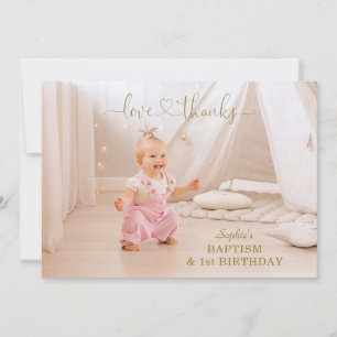 Carte De Remerciements Fleurs roses Gold Girl Photo 1er Anniversaire Bapt