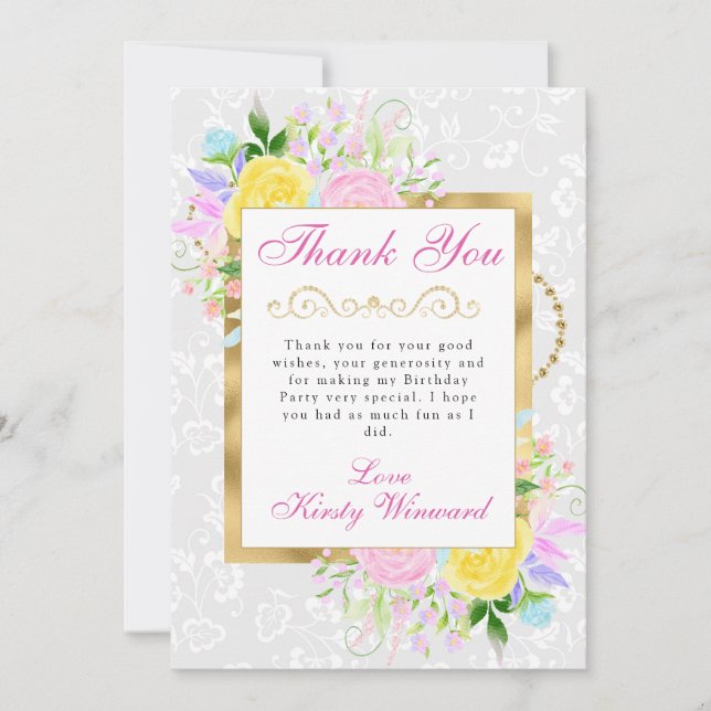 Carte De Remerciements Fleurs roses, jaunes et bleues Or Anniversaire (Devant)
