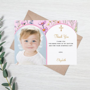 Carte De Remerciements Fleurs roses photo arc fille croiser Baptême