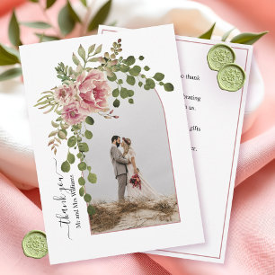 Carte De Remerciements Fleurs roses poussiéreuses, arche avec mariage pho