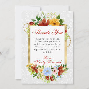 Carte De Remerciements Fleurs rouges, bleues et jaunes Gold Sweet 16