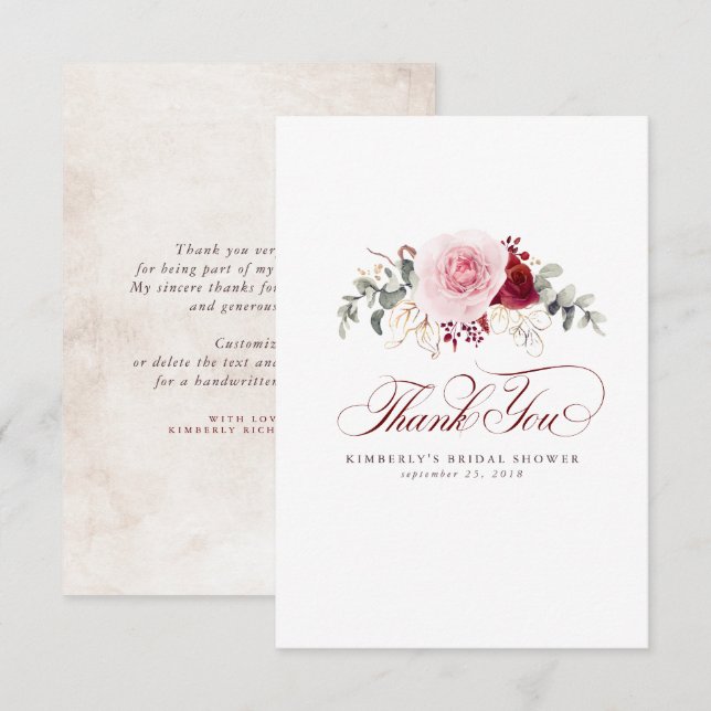 Carte De Remerciements Fleurs rouges de Bourgogne Élégantes petits remerc (Devant / Derrière)