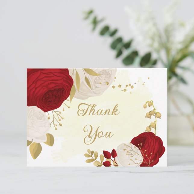 Carte De Remerciements fleurs rouges et blanches or mariage botanique (Debout devant)