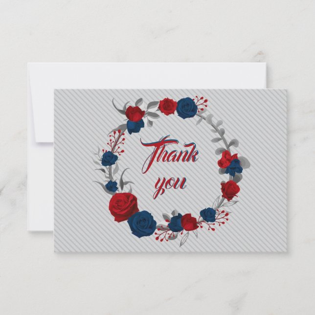 Carte De Remerciements fleurs rouges et bleues marine, couronne de feuill (Devant)