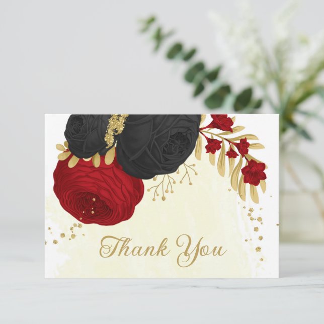 Carte De Remerciements fleurs rouges et noires or mariage botanique (Debout devant)