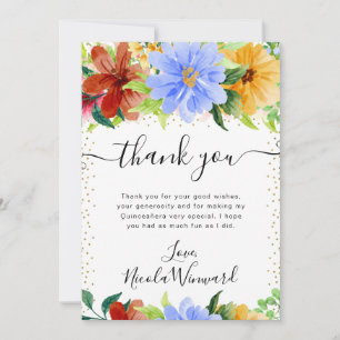 Carte De Remerciements Fleurs rouges, jaunes et bleues Quinceanera
