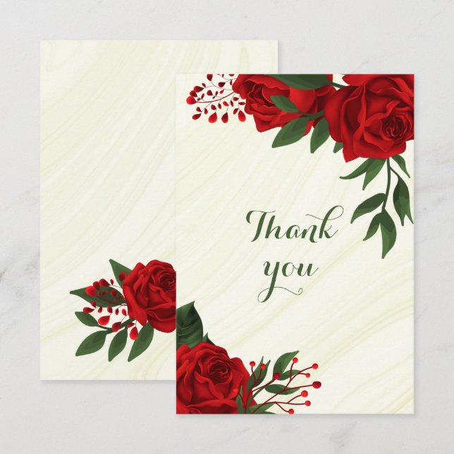 Carte De Remerciements fleurs rouges vert feuilles (Devant / Derrière)