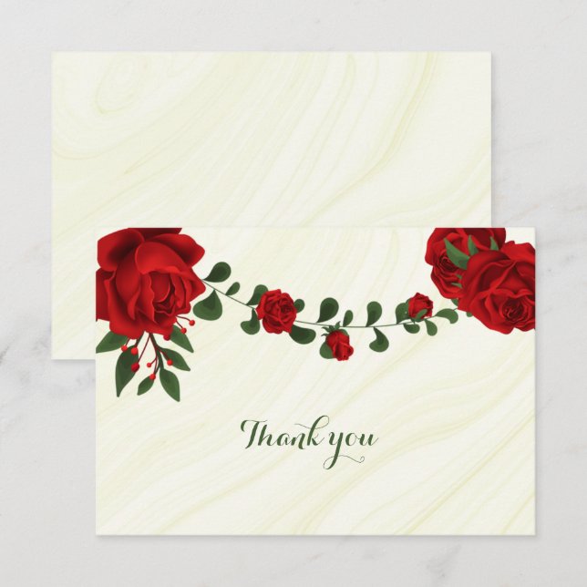 Carte De Remerciements fleurs rouges vert feuilles (Devant / Derrière)