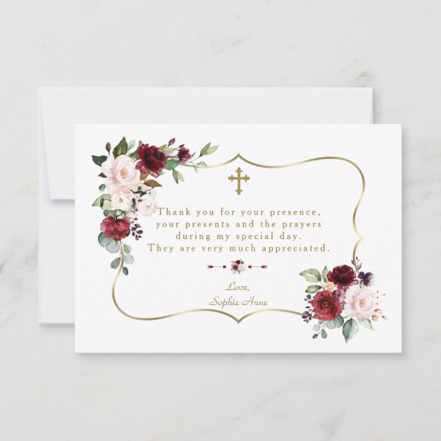 Carte De Remerciements Fleurs Royales Bourgogne Gold Frame Girl Baptême (Devant)