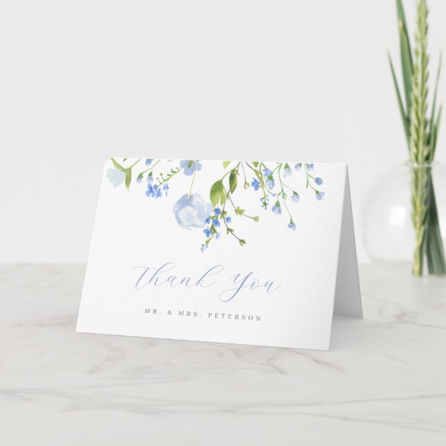 Carte De Remerciements Fleurs sauvages Bleues délicates Script Mariage Pl (Devant)