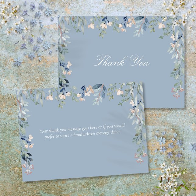 Carte De Remerciements Fleurs sauvages florales écriture bleu poussiéreux (Floral Wildflowers Dusty Blue Script Thank You Card)