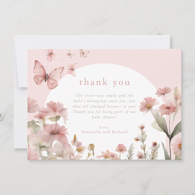 Carte De Remerciements Fleurs sauvages floraux rose papillon (Devant)