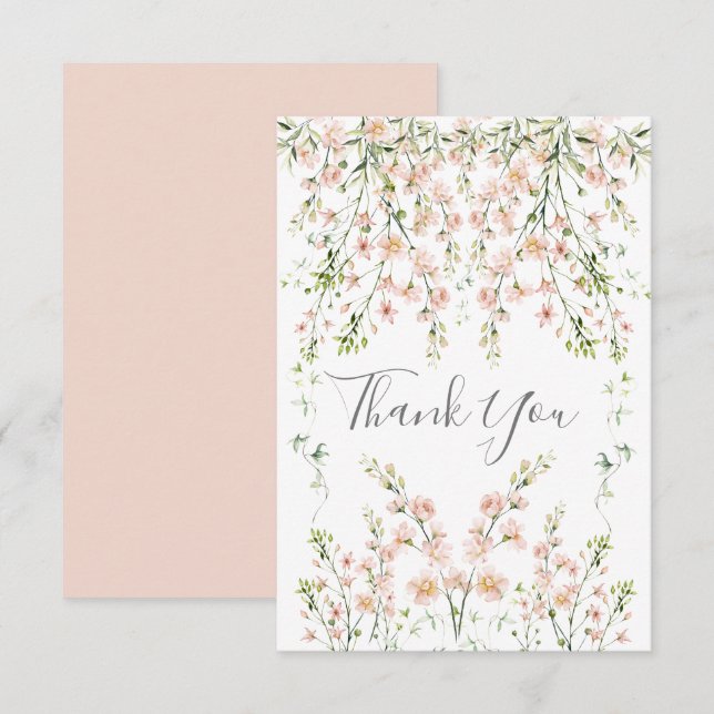 Carte De Remerciements Fleurs sauvages rose pâle Élégant Mariage floral (Devant / Derrière)