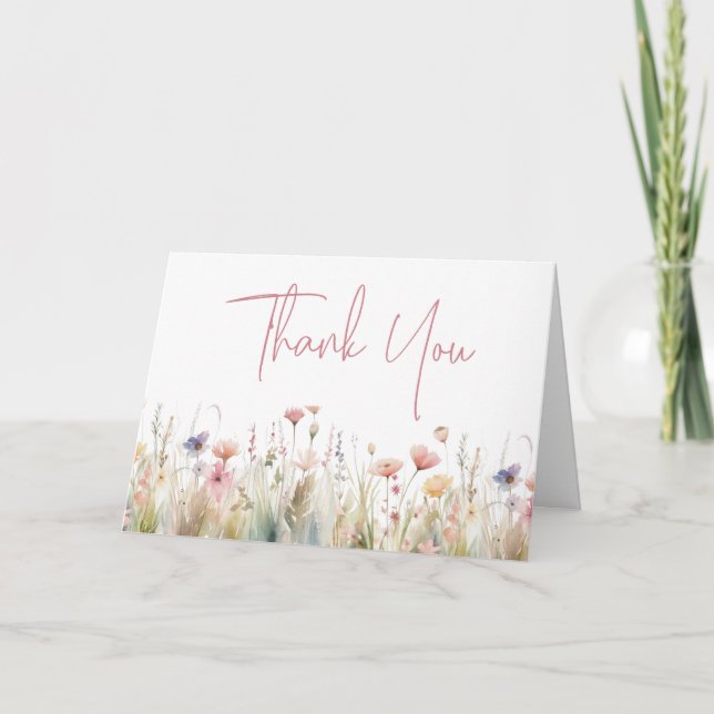 Carte De Remerciements Fleurs sauvages rose poussiéreux Mariage plié (Devant)