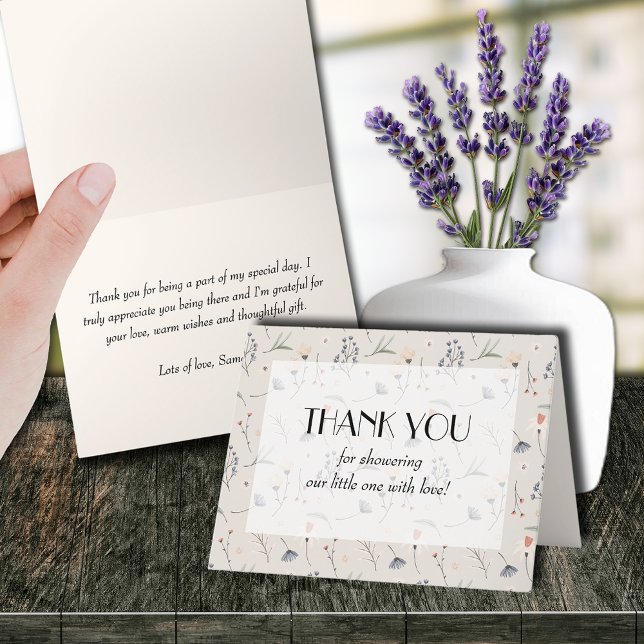 Carte De Remerciements Fleurs sauvages sur le Baby shower ivoirien (Wildflowers on Ivory Baby Shower Folded Thank You Cards (leave inside blank to handwrite notes))