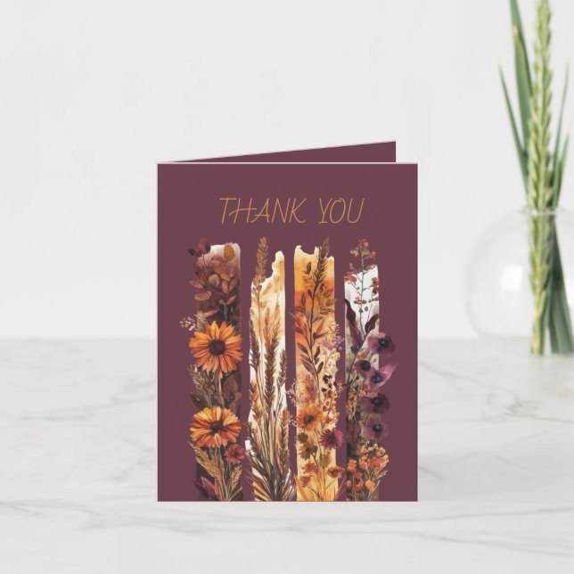 Carte De Remerciements Fleurs sauvages Traits de pinceau Bourgogne Or Jau (Devant)