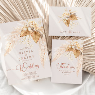 Carte De Remerciements Fleurs séchées Boho et Mariage en herbe Pampas
