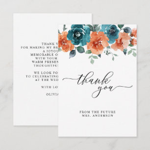 Carte De Remerciements Fleurs Turquoises  brûlées Fête des mariées d'aqua