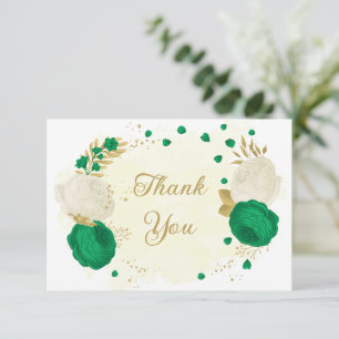 Carte De Remerciements fleurs vertes et blanches or mariage botanique