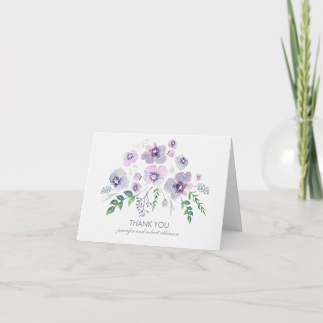 Carte De Remerciements Fleurs violettes bleues aquarelle Mariage Remercie (Devant)