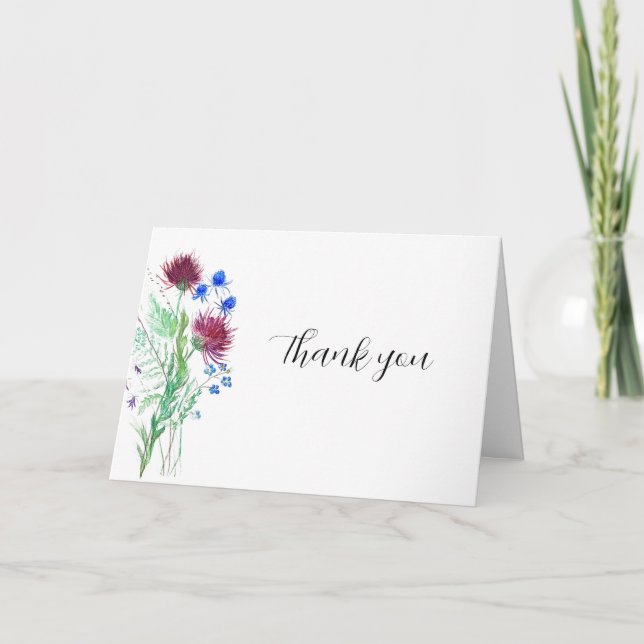 Carte De Remerciements Fleurs Violettes de Chardon Fête de Mariage Bohème (Devant)