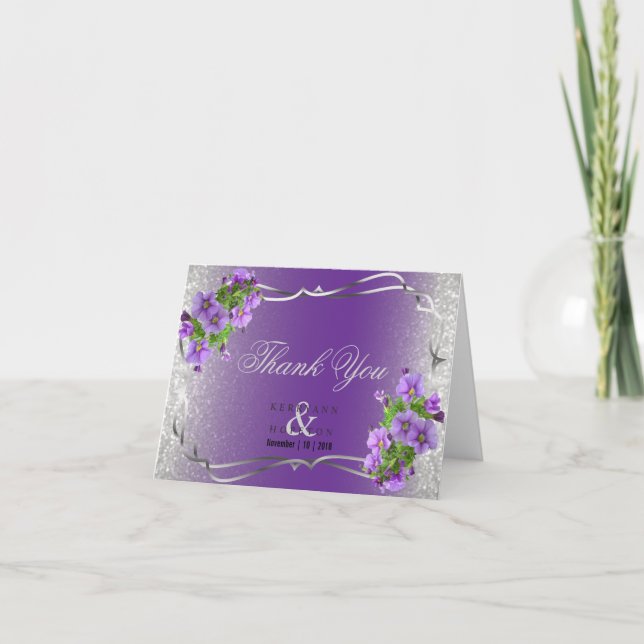 Carte De Remerciements Fleurs violettes et Parties scintillant argentée - (Devant)