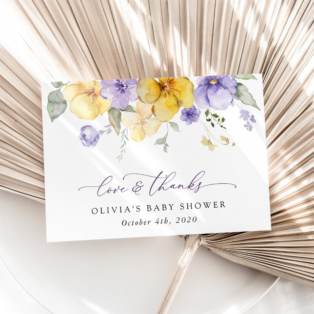 Carte De Remerciements Fleurs violettes, Fleurs Jaunes, Boho, Baby shower (Créateur téléchargé)