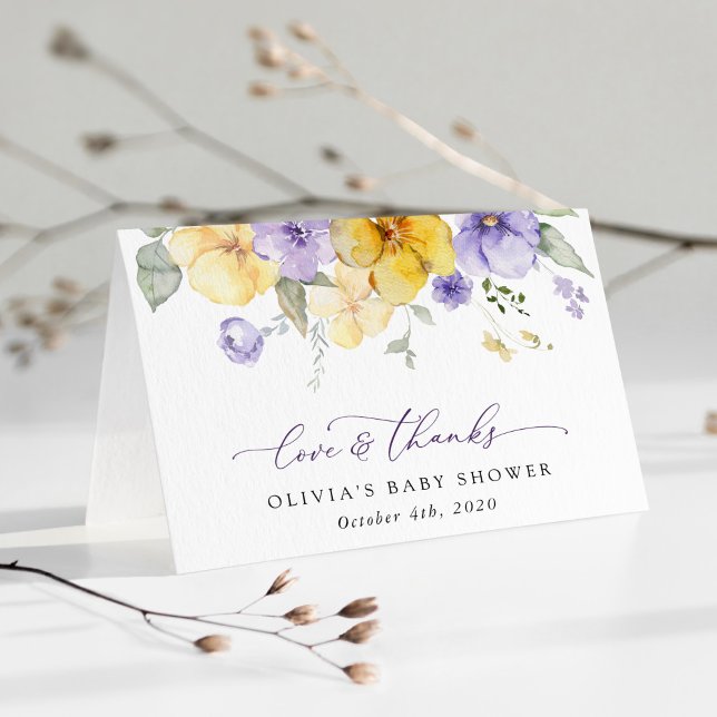 Carte De Remerciements Fleurs violettes, Fleurs Jaunes, Boho, Baby shower (Créateur téléchargé)