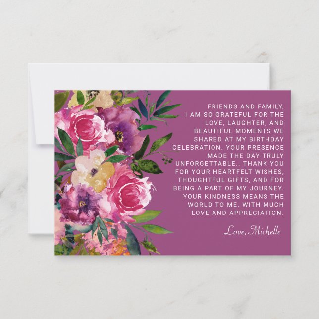 Carte De Remerciements Fleurs violettes roses Anniversaire des femmes (Devant)
