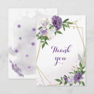 Carte De Remerciements fleurs violettes verdure or géométrique