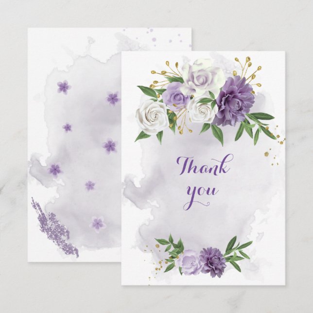 Carte De Remerciements fleurs violettes vert or (Devant / Derrière)