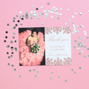 Carte De Remerciements Flocon de neige en or rose hiver seize ans doux