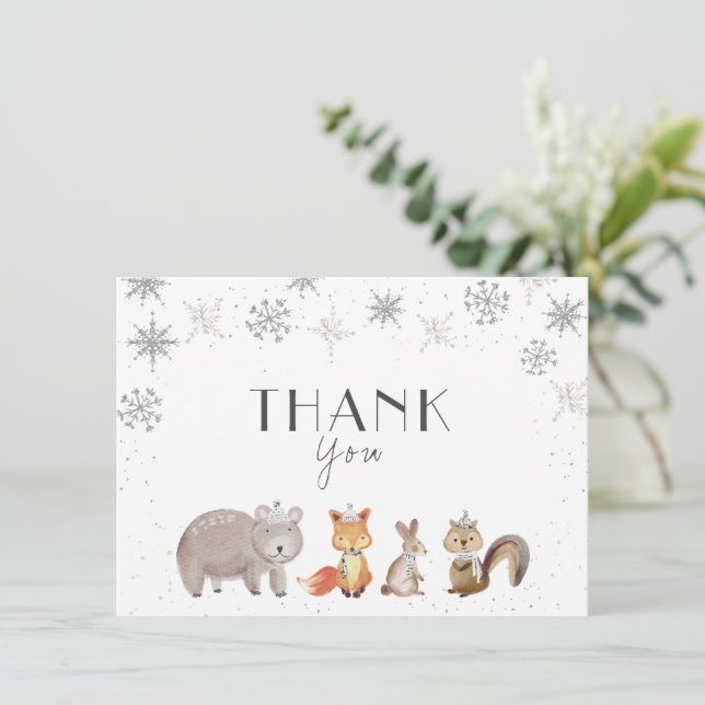 Carte De Remerciements Flocons de neige d'hiver, animaux Anniversaire, Ba (Debout devant)