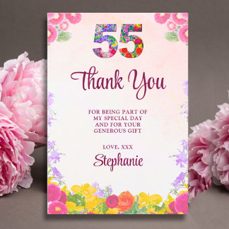 Carte De Remerciements Floral 55th Birthday Thanks - Blush Bloom 55 Years