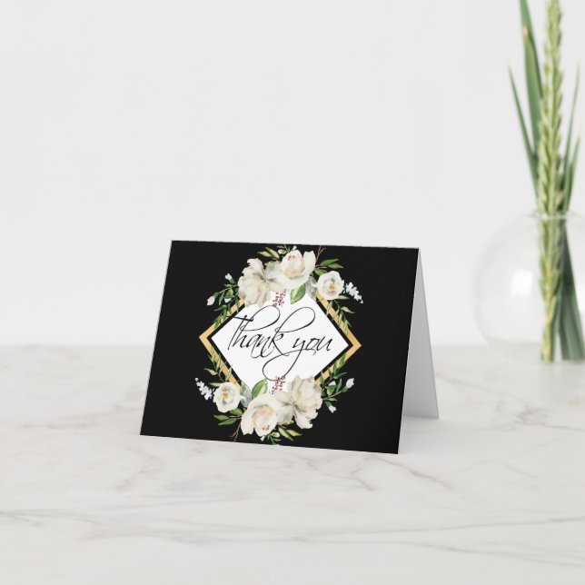 Carte De Remerciements Floral Antique Blanc Noir Mariage Or | PHOTO (Devant)