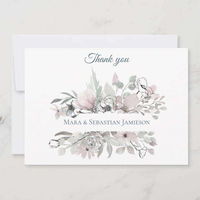 Carte De Remerciements ~* Floral Argent rose AR17 Elégant Mariage tendanc (Devant)