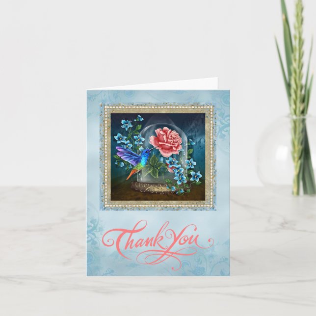 Carte de remerciements floral bleu de colibri (Devant)