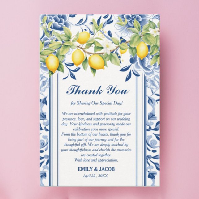 Carte De Remerciements Floral bleu et Mariage citron (Créateur téléchargé)