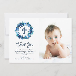 Carte De Remerciements Floral bleu lumineux avec la photo de baptême de