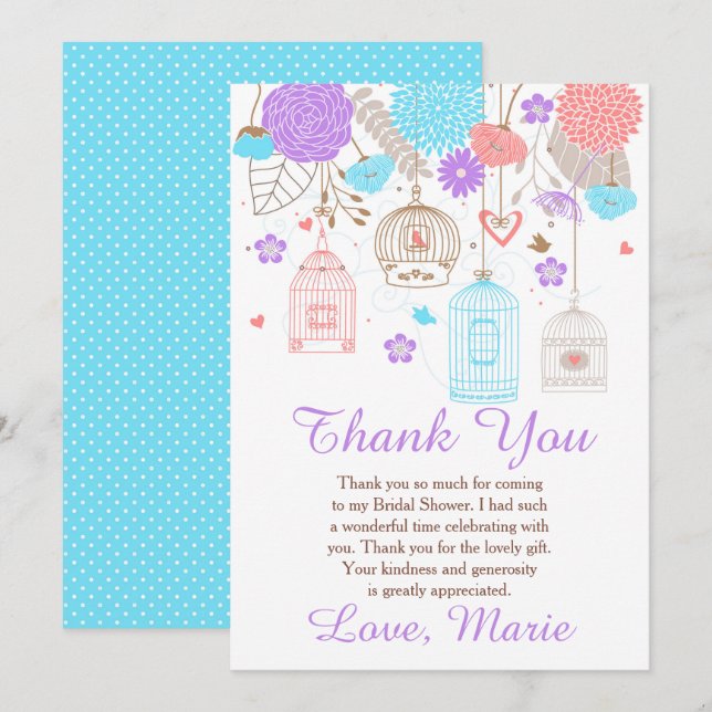 Carte De Remerciements Floral Blue and Purple Bridal Shower (Devant / Derrière)