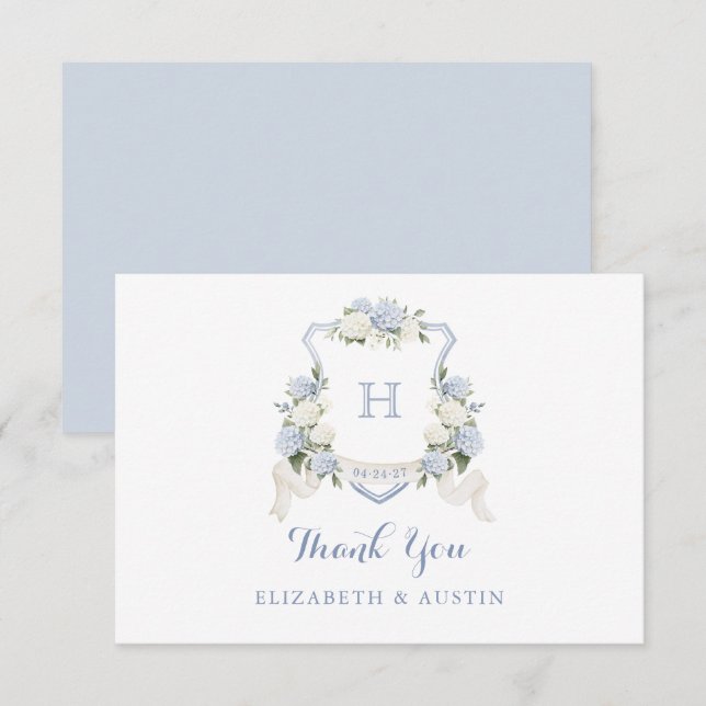 Carte De Remerciements Floral Blue Hydrangea Crest Mariage Monogramme (Devant / Derrière)