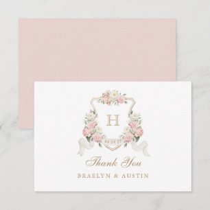 Carte De Remerciements Floral Blush Rose Vert Crest Monogramme Mariage