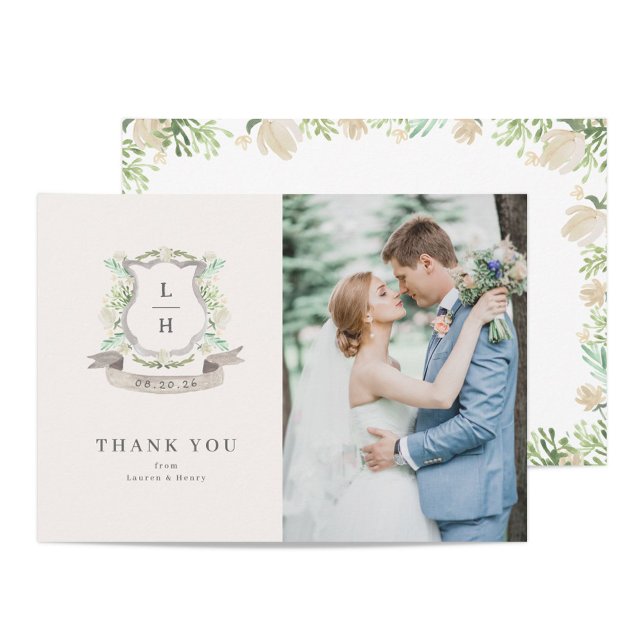 Carte De Remerciements Floral Crest Aquarelle Monogramme Mariage (Créateur téléchargé)