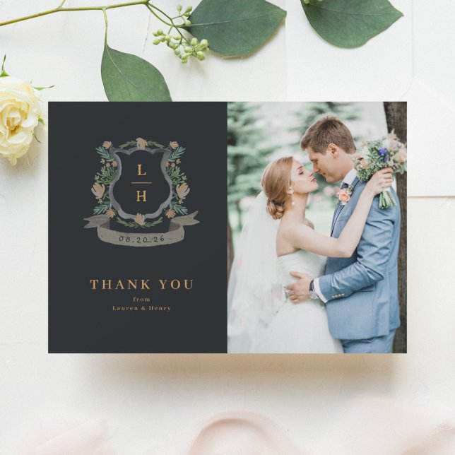Carte De Remerciements Floral Crest Aquarelle Monogramme Mariage (Créateur téléchargé)