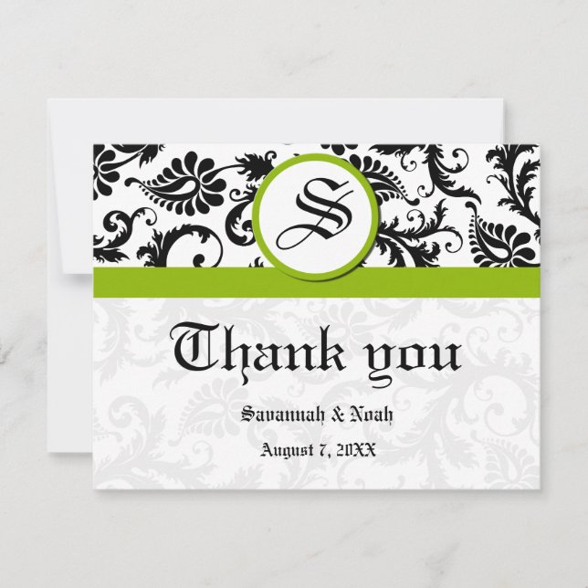 Carte De Remerciements Floral Damask noir et blanc avec vert (Devant)