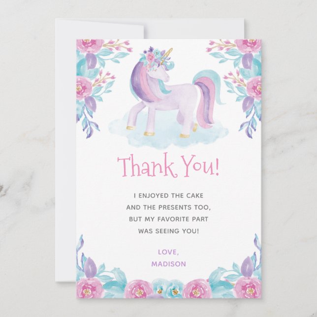 Carte de remerciements floral de licorne (Devant)
