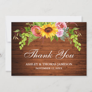 Carte De Remerciements Floral de tournesol Mariage rustique